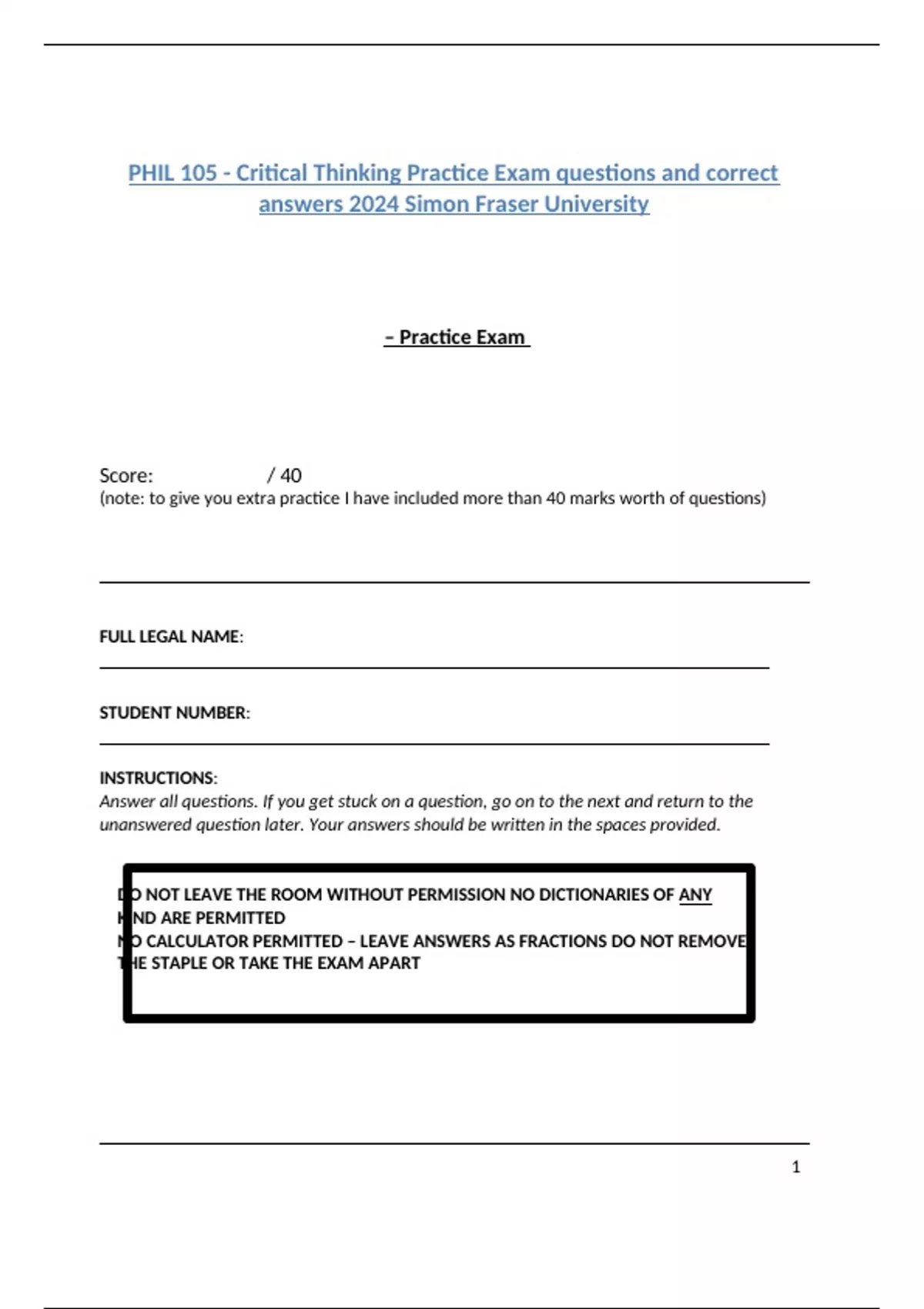 PHIL 105 - Critical Thinking Practice Exam questions and correct ...