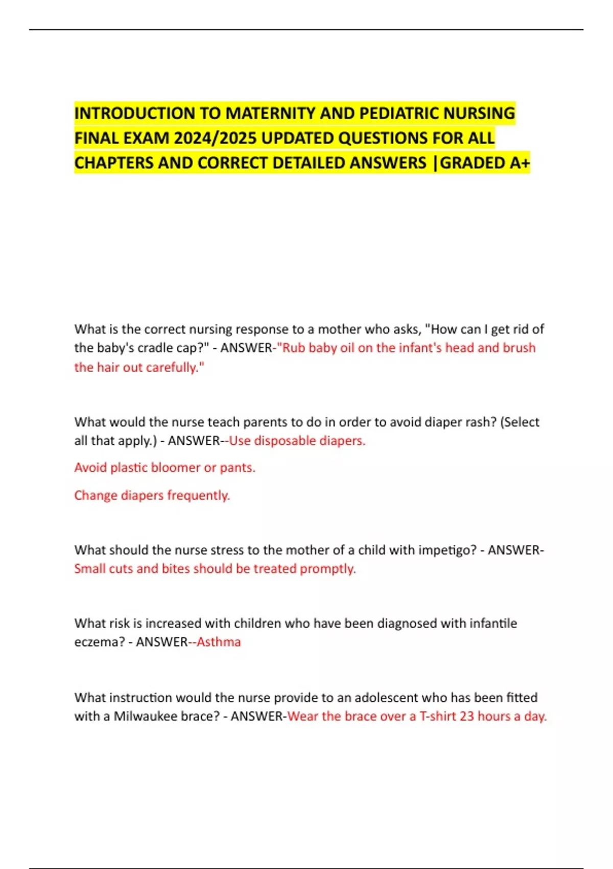 INTRODUCTION TO MATERNITY AND PEDIATRIC NURSING FINAL EXAM 2024/2025