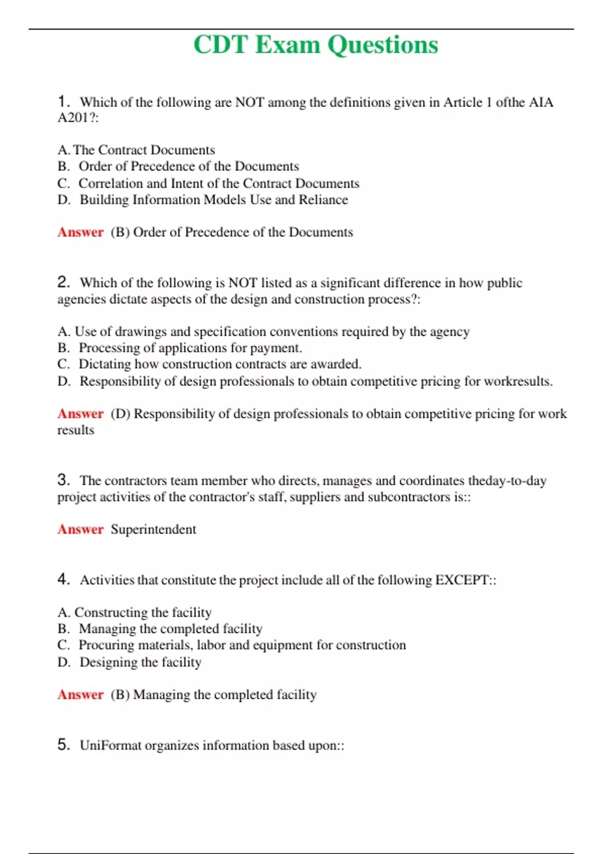 CDT Exam Questions (Latest 2024) Questions With Complete Grade A+