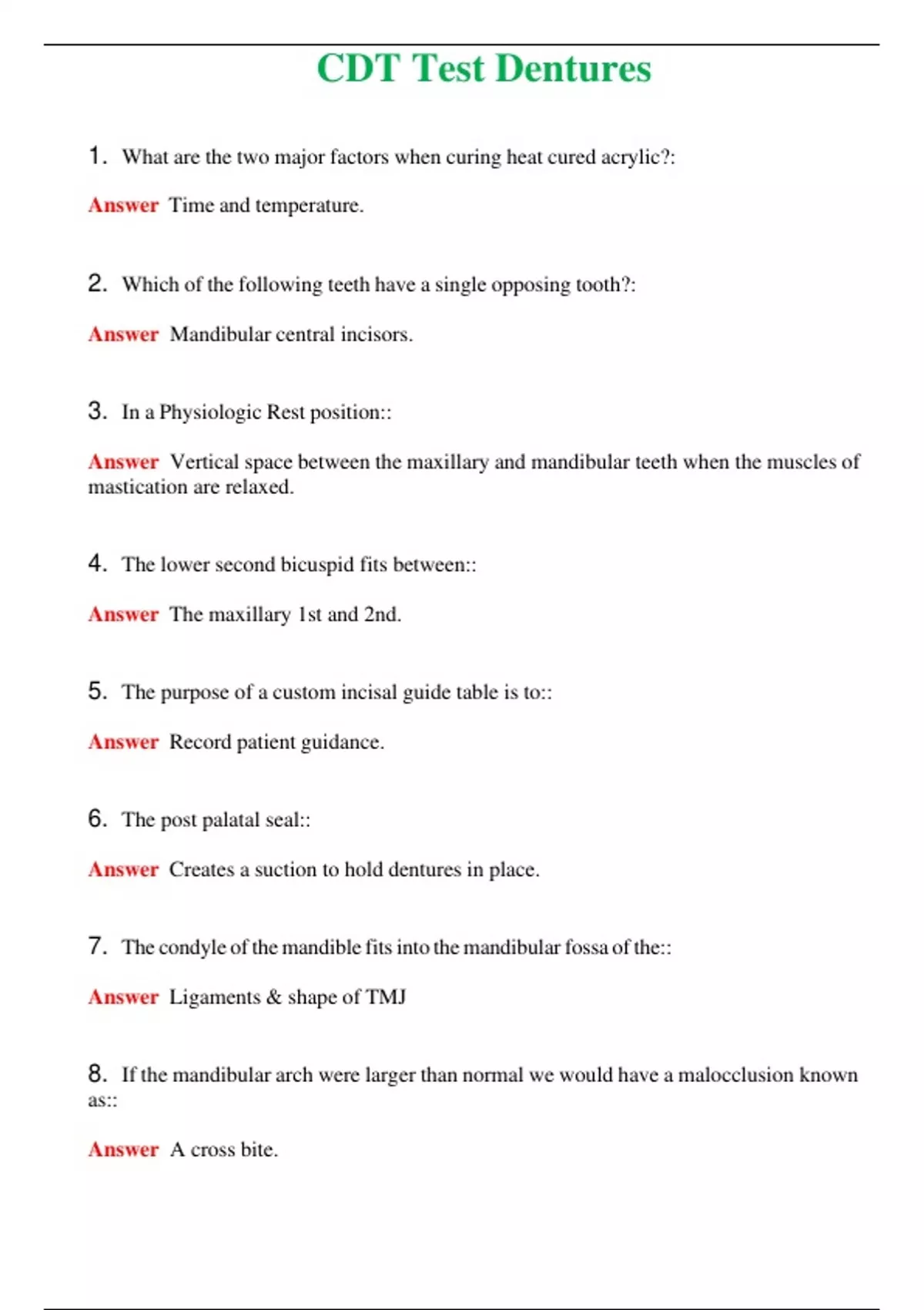 CDT Test Dentures (Latest 2024) Questions With Complete Grade A+