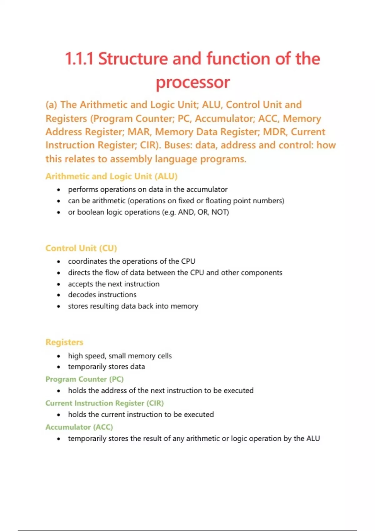 Summary A Level Computer Science revision notes - 1.1.1 Structure and ...