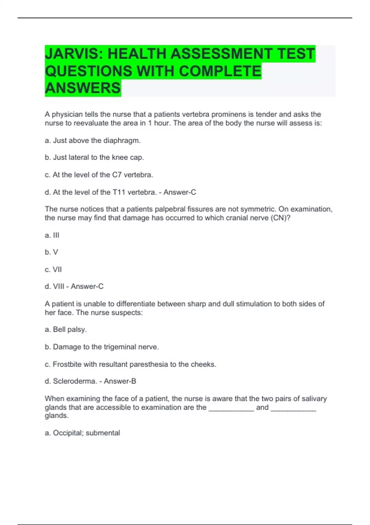 JARVIS HEALTH ASSESSMENT TEST QUESTIONS WITH COMPLETE ANSWERS JARVIS Stuvia US