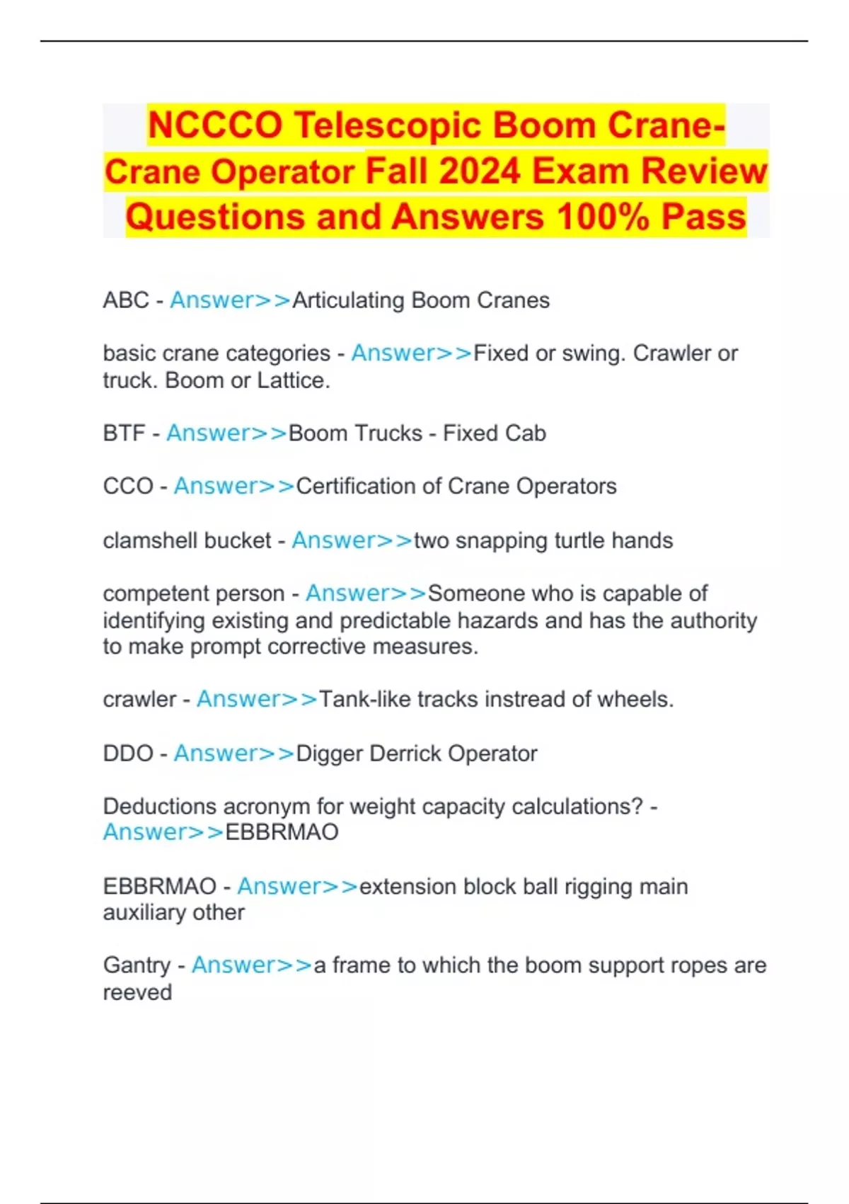NCCCO Telescopic Boom Crane- Crane Operator Fall 2024 Exam Review ...