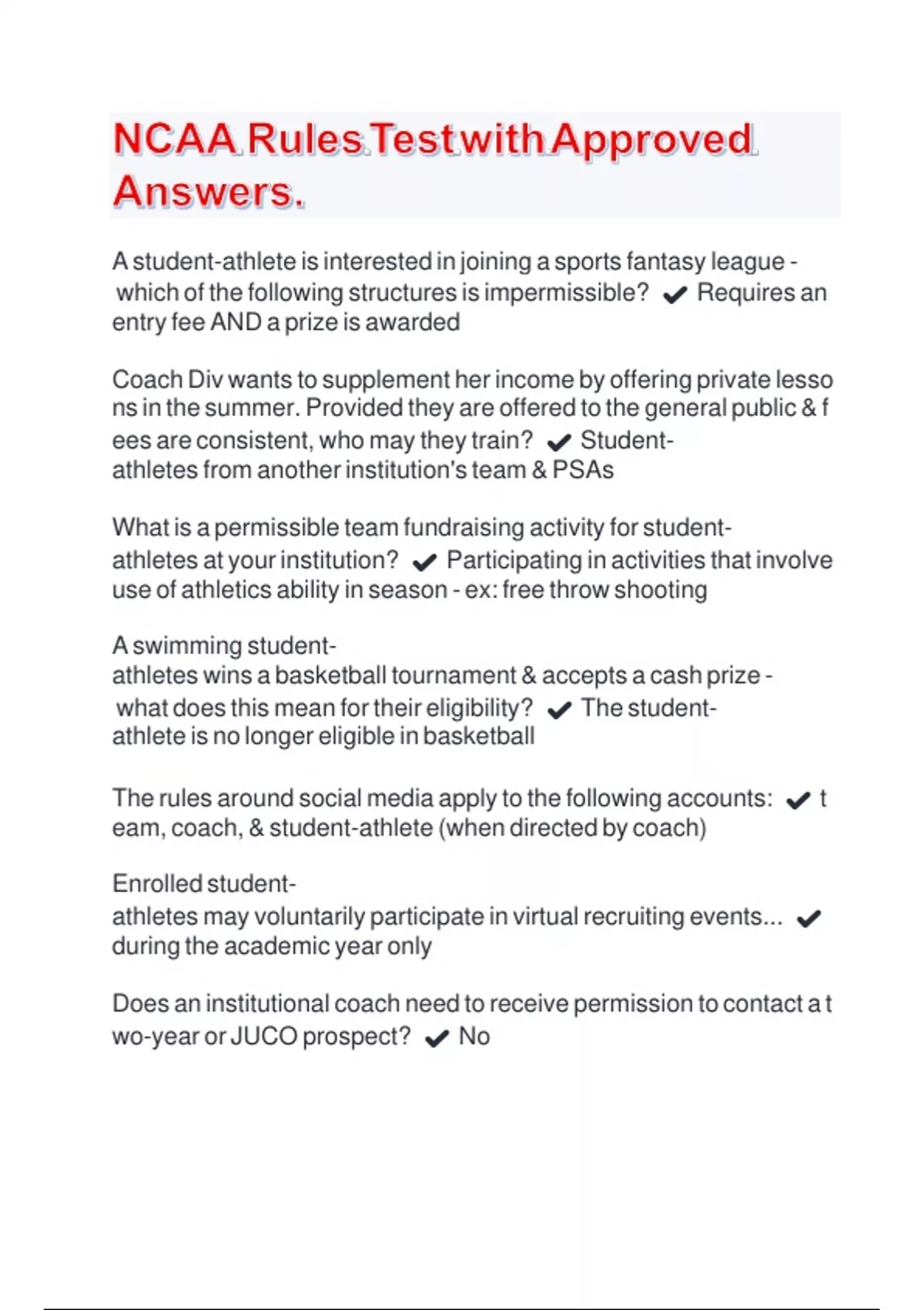 NCAA Rules Test with Approved Answers |Latest 2024/2025 NCAA