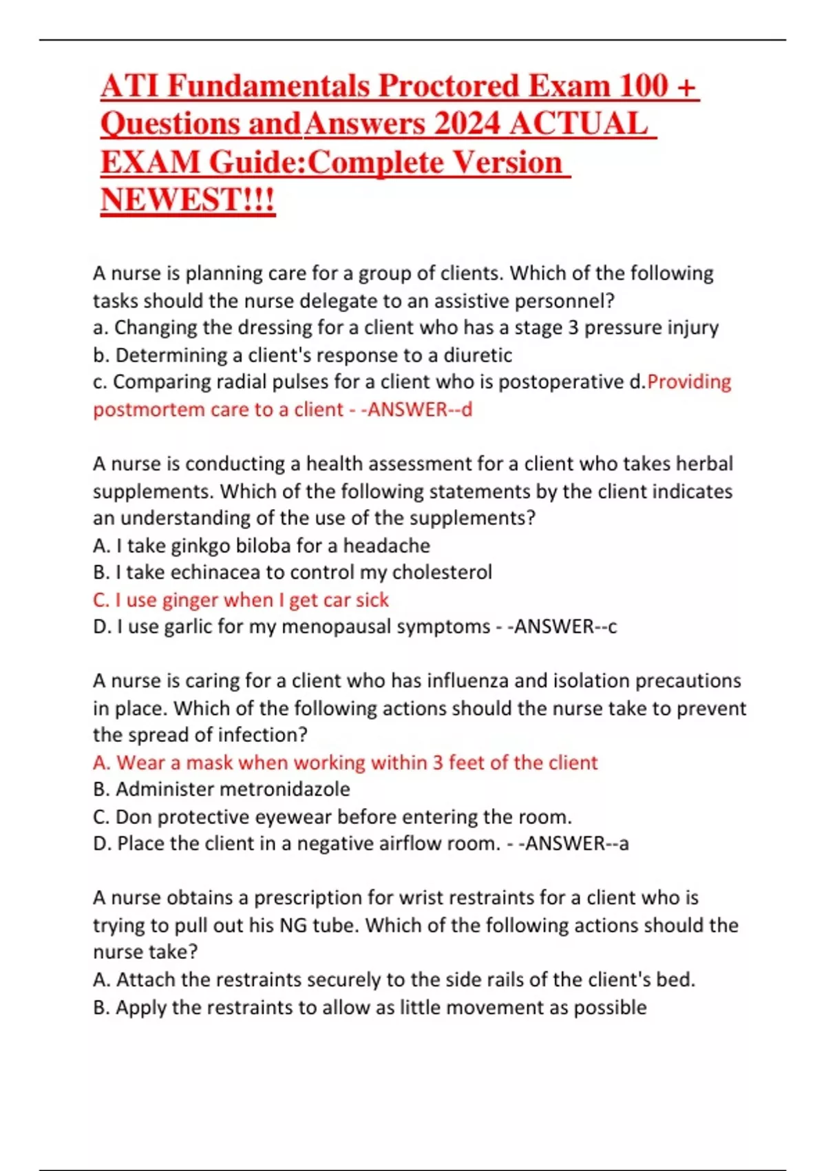ATI Fundamentals Proctored Exam 100 + Questions and Answers 2024 ACTUAL ...