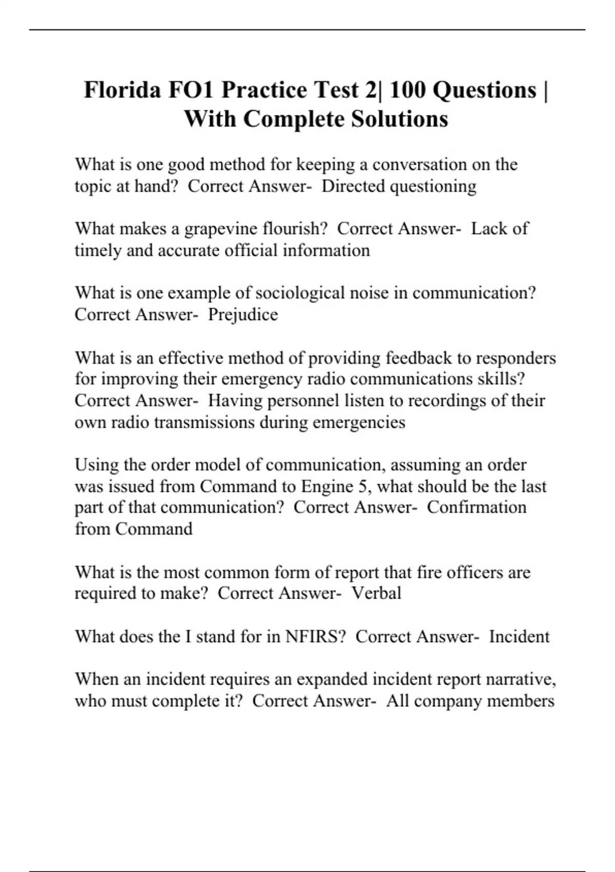 Florida FO1 Practice Test 2| 100 Questions | With Complete Solutions ...