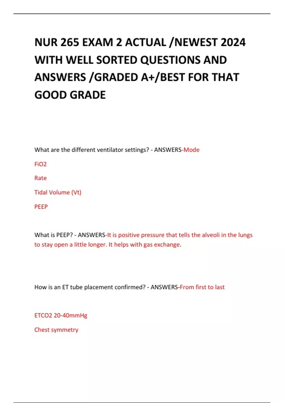 NUR 265 EXAM 2 ACTUAL /NEWEST 2024 WITH WELL SORTED QUESTIONS AND ...