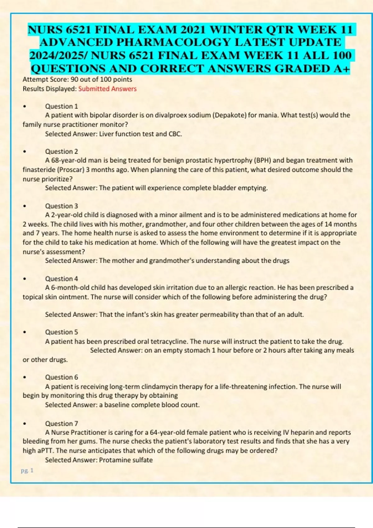 NURS 6521 FINAL EXAM 2021 WINTER QTR WEEK 11 ADVANCED PHARMACOLOGY ...