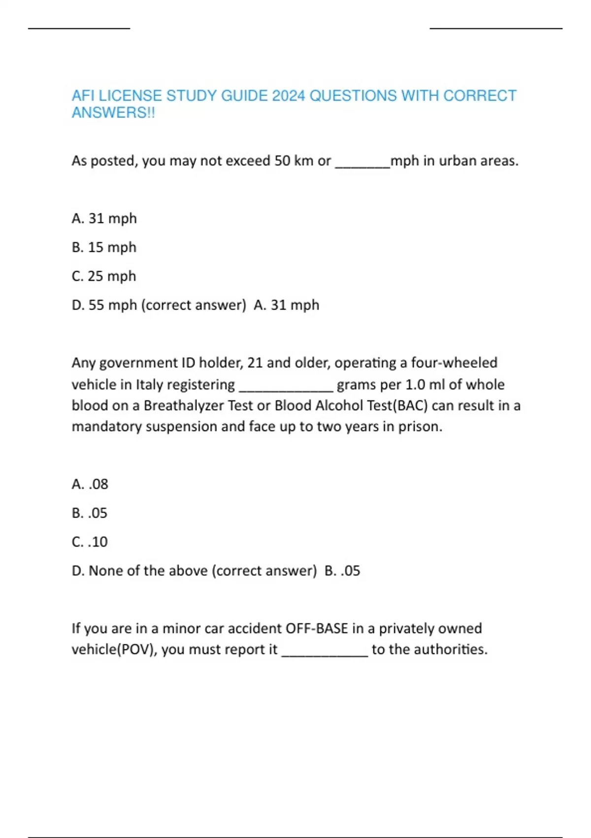 AFI LICENSE STUDY GUIDE 2024 QUESTIONS WITH CORRECT ANSWERS!! - AFI ...
