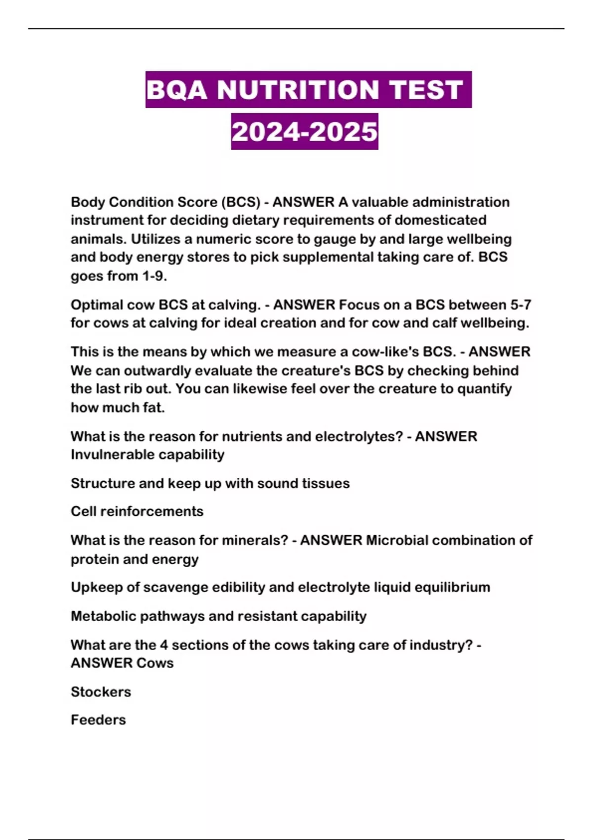 BQA NUTRITION TEST - BQA NUTRITION - Stuvia US