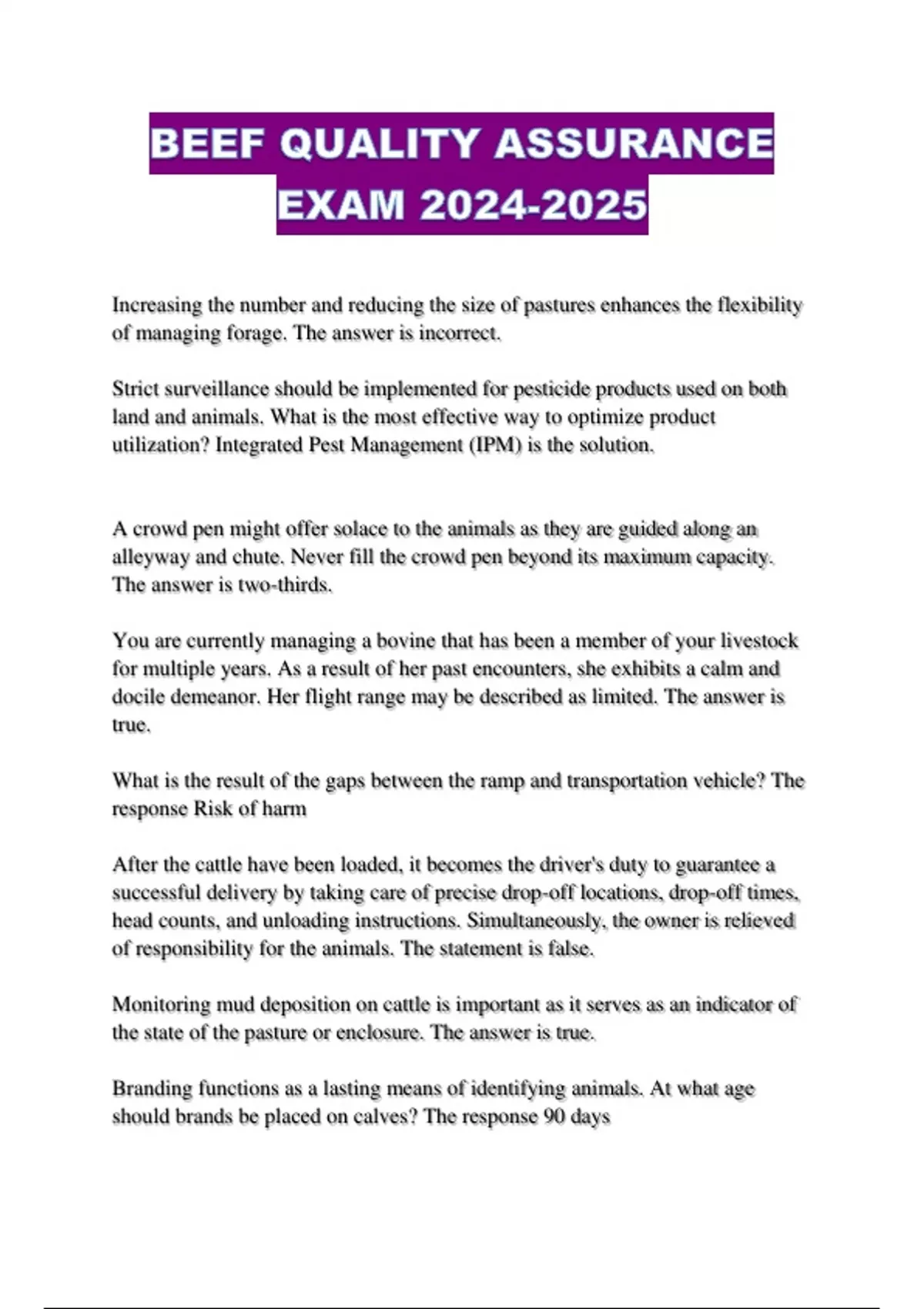 BEEF QUALITY ASSURANCE EXAM BEEF QUALITY ASSURANCE Stuvia US