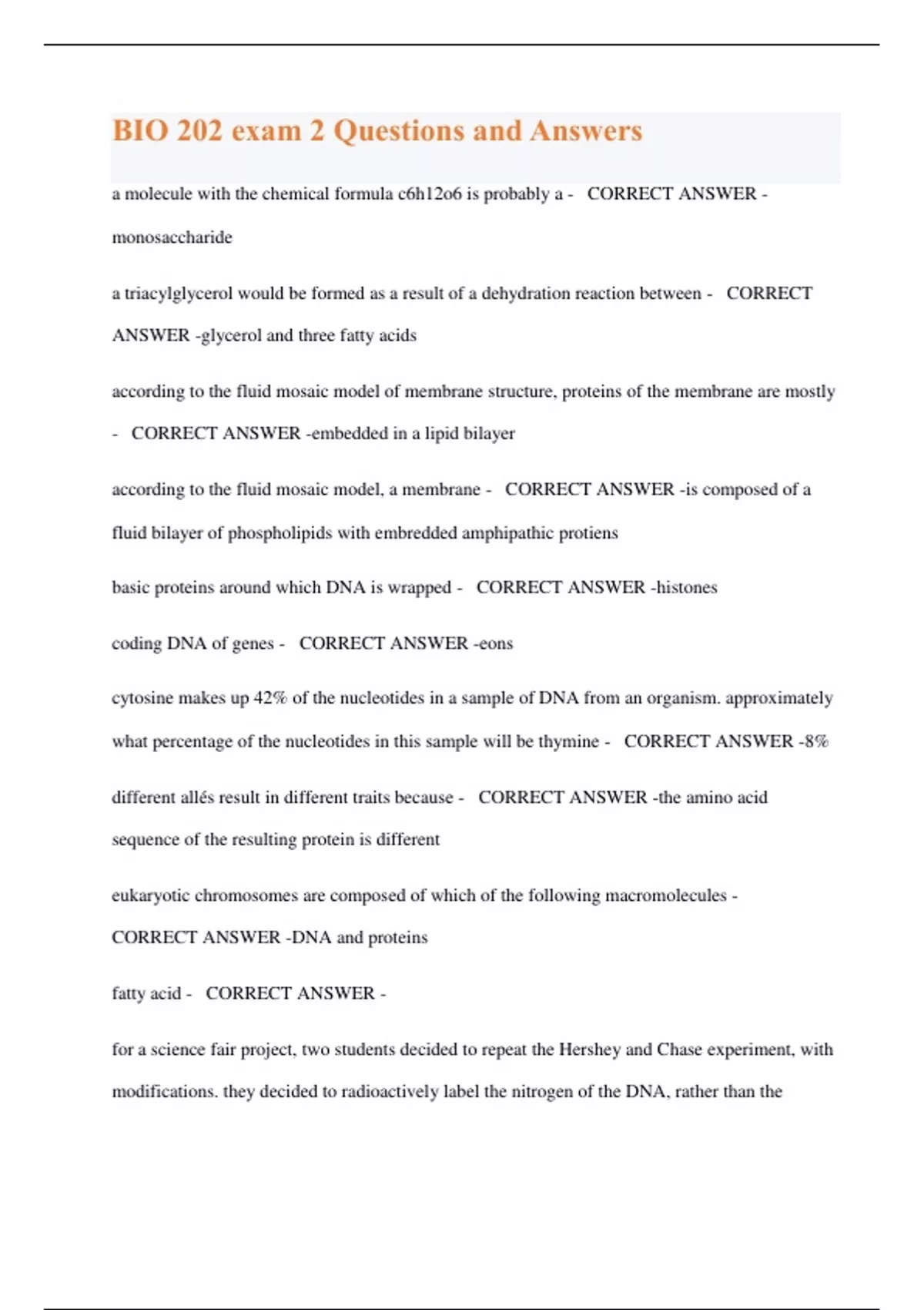 BIO 202 exam 2 Questions and Answers - Biochemistry - Stuvia US