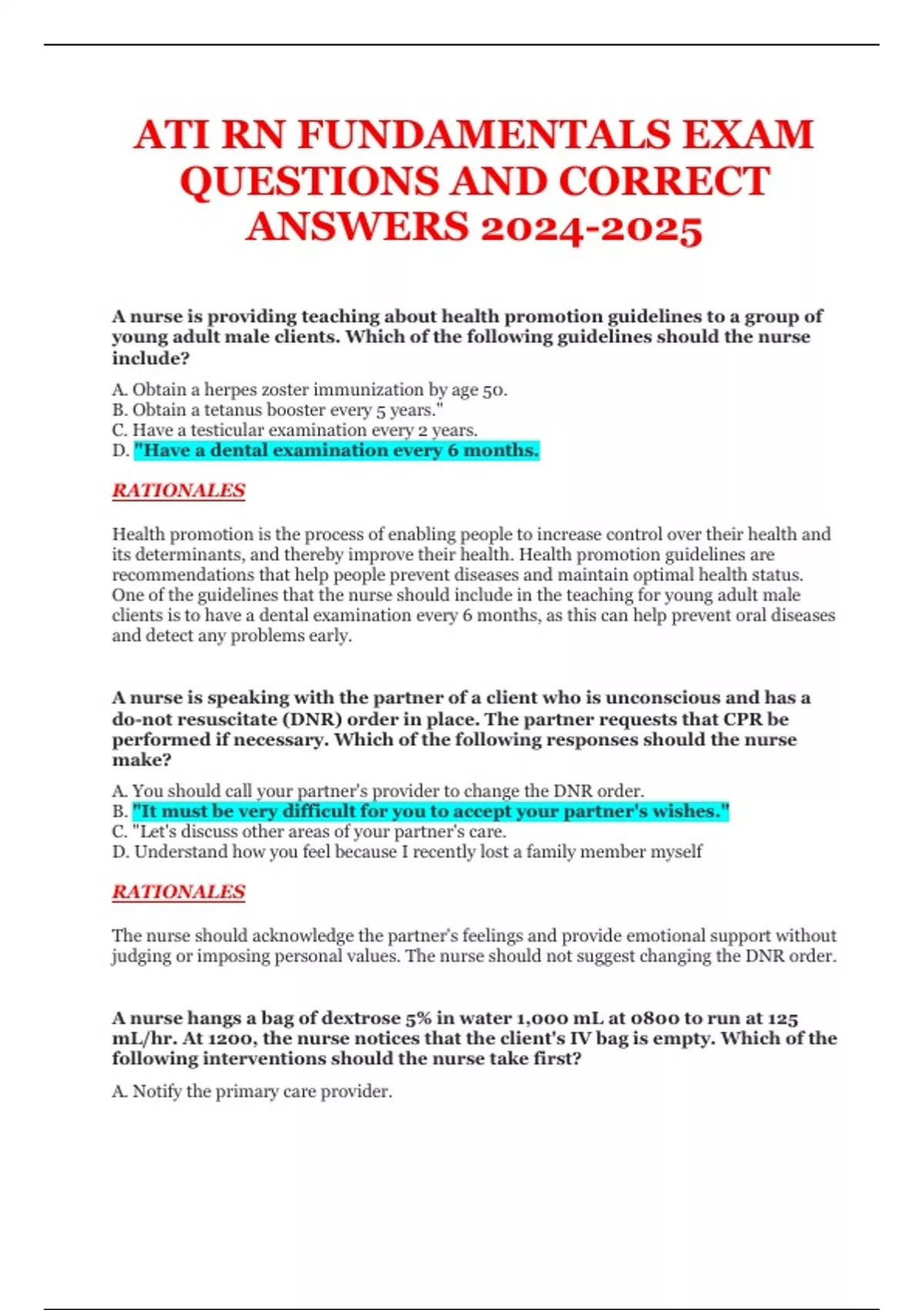 ATI RN FUNDAMENTALS EXAM QUESTIONS AND CORRECT ANSWERS - ATI RN ...