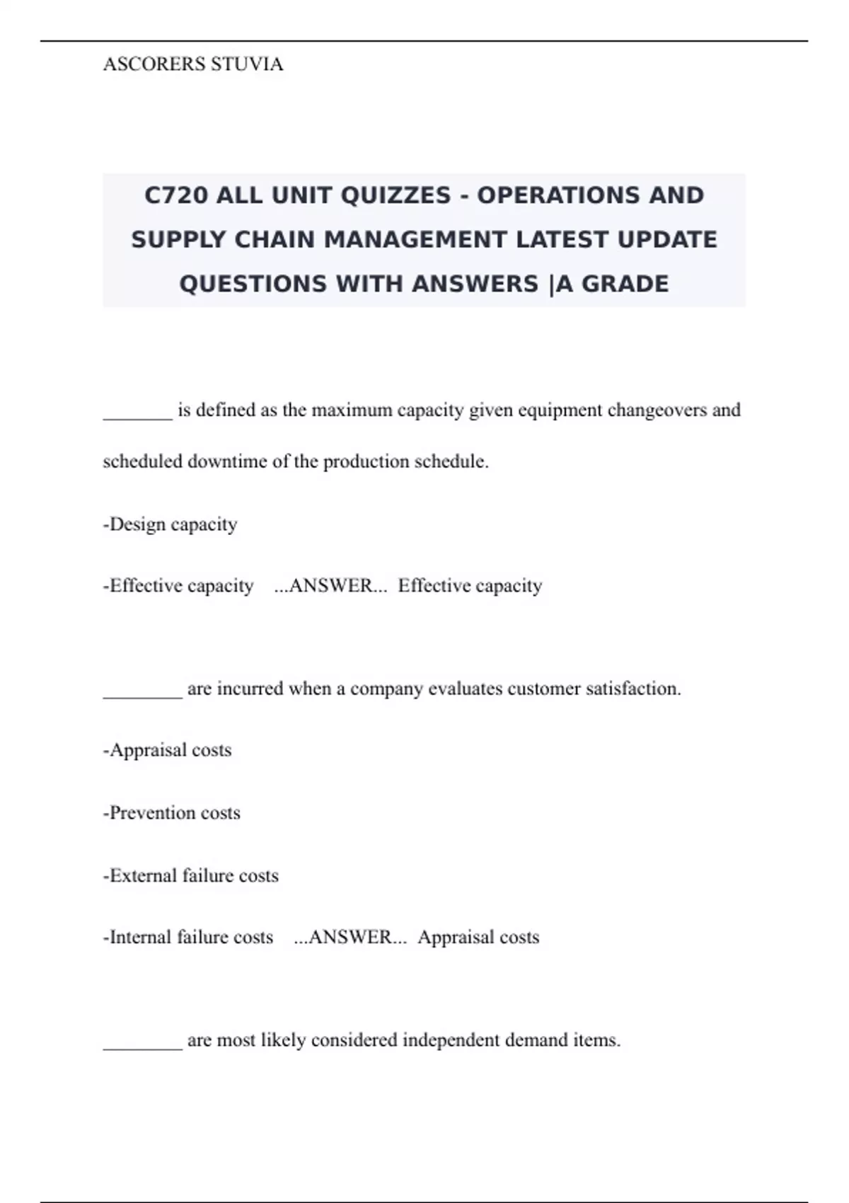 C720 ALL UNIT QUIZZES - OPERATIONS AND SUPPLY CHAIN MANAGEMENT LATEST ...