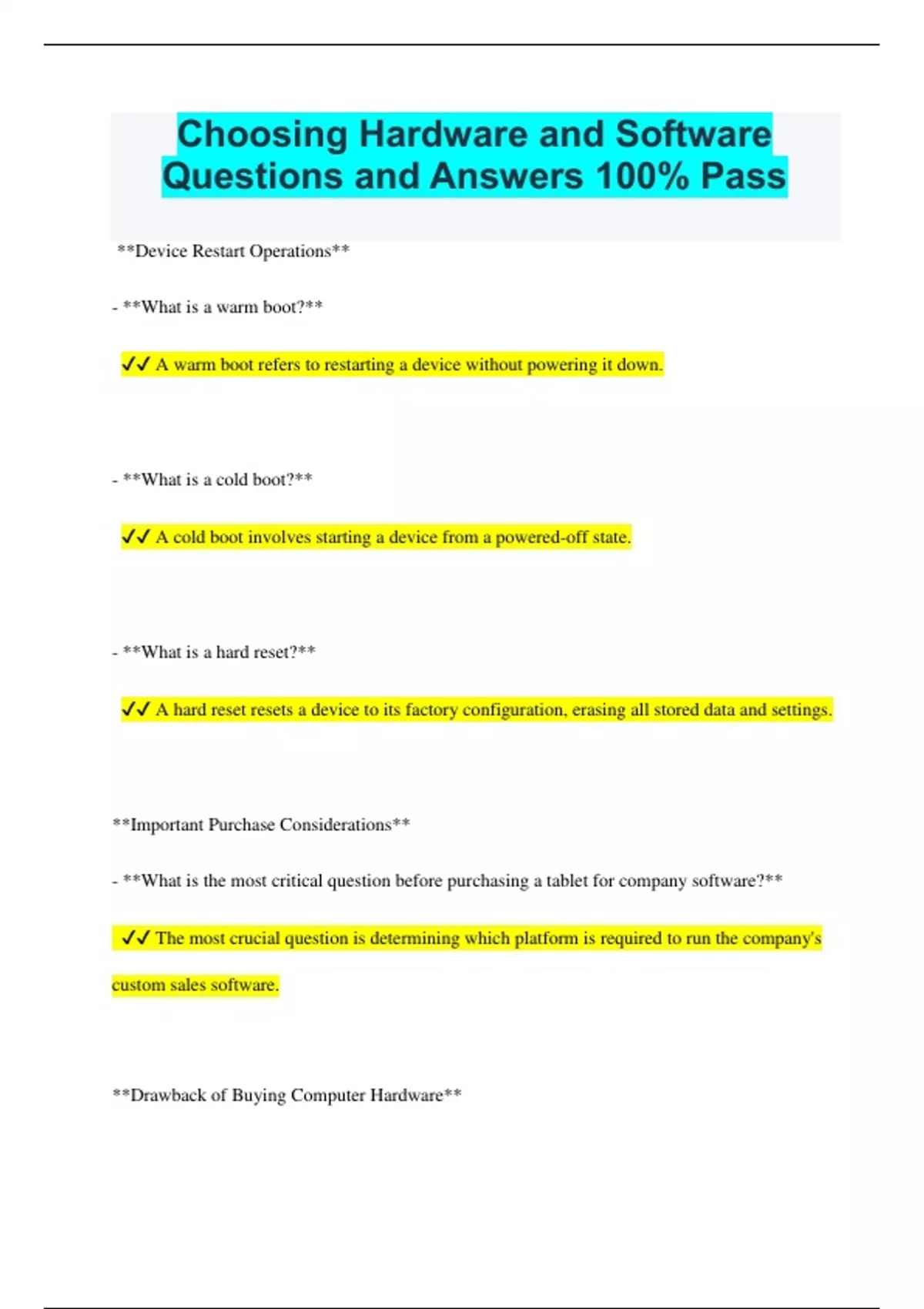Choosing Hardware and Software Questions and Answers 100 Pass