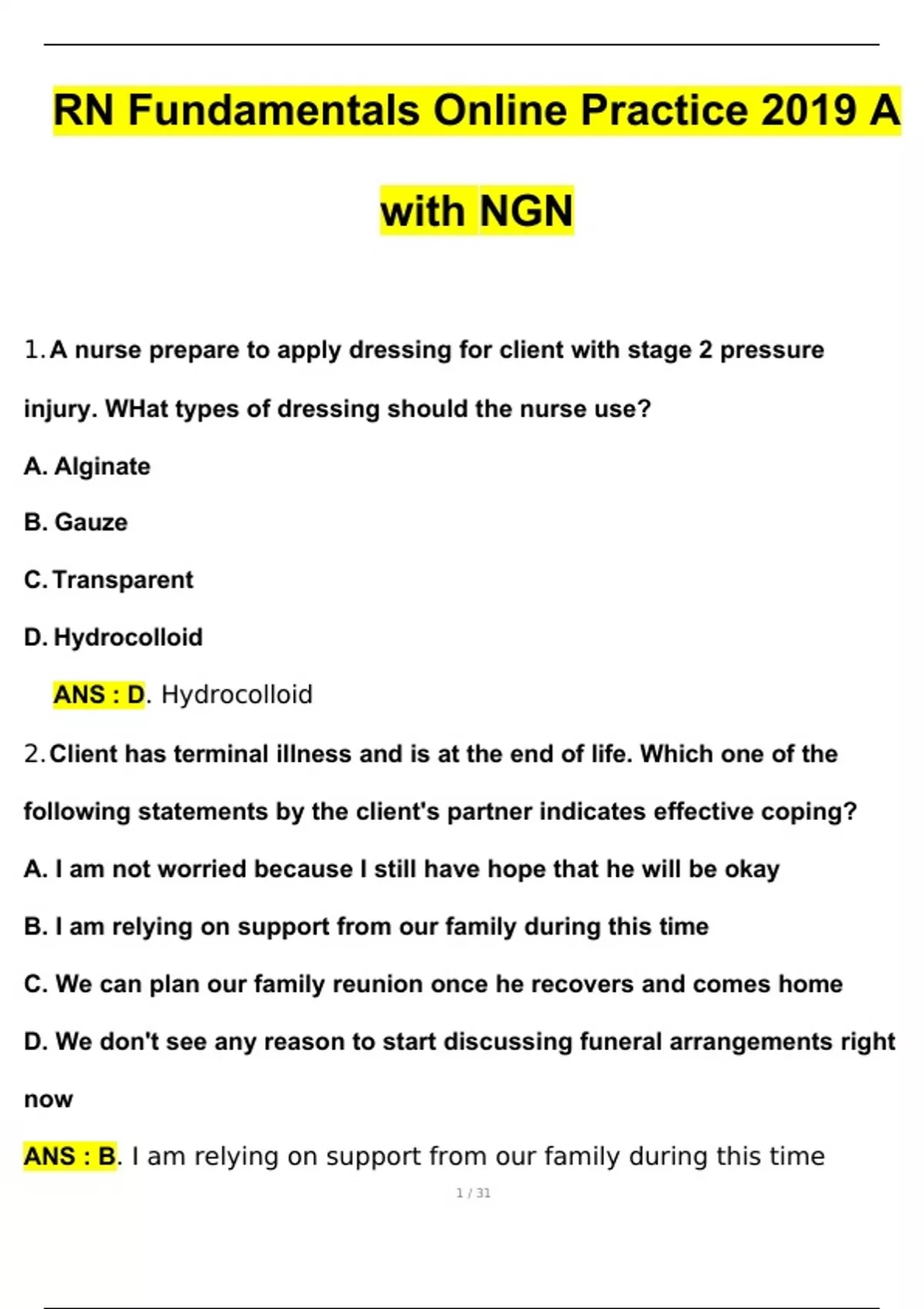 RN Fundamentals Online Practice A with NGN Questions and Answers (2024 ...