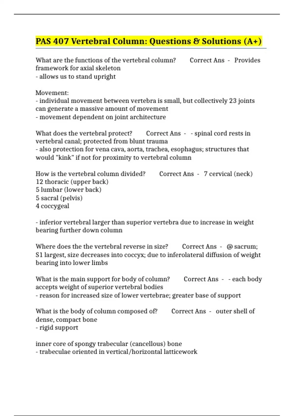 PAS 407 Vertebral Column: Questions & Solutions (A+) - PAS 407* - Stuvia US