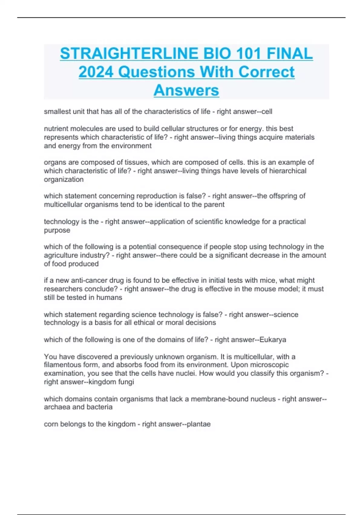 STRAIGHTERLINE BIO 101 FINAL 2024 Questions With Correct Answers - Bio ...