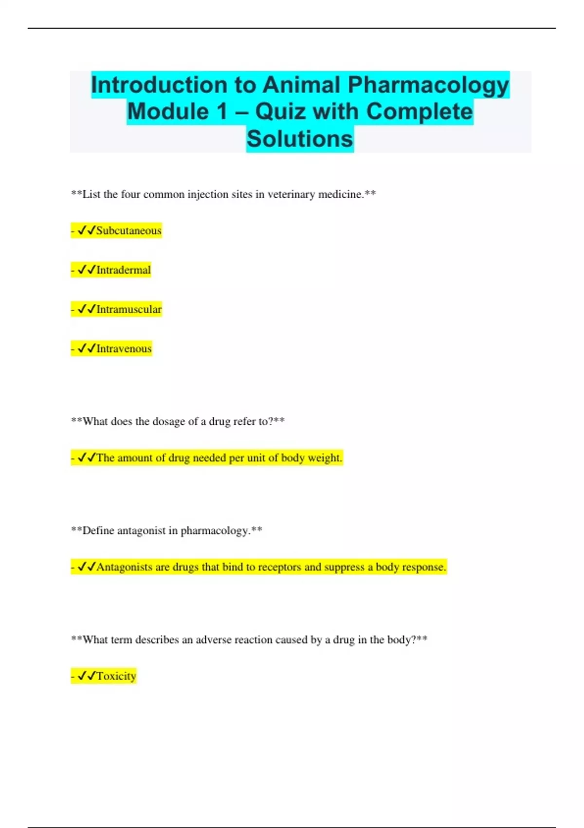 Introduction to Animal Pharmacology Module 1 – Quiz with Complete ...