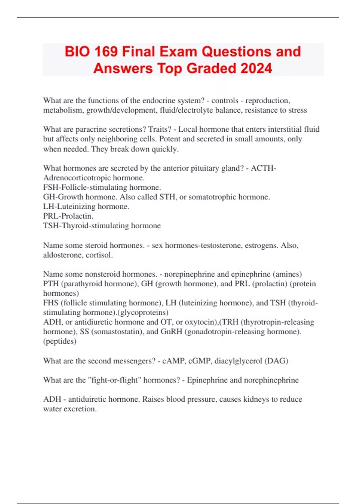 BIO 169 Final Exam Questions and Answers Top Graded 2024 - BIO 169 ...