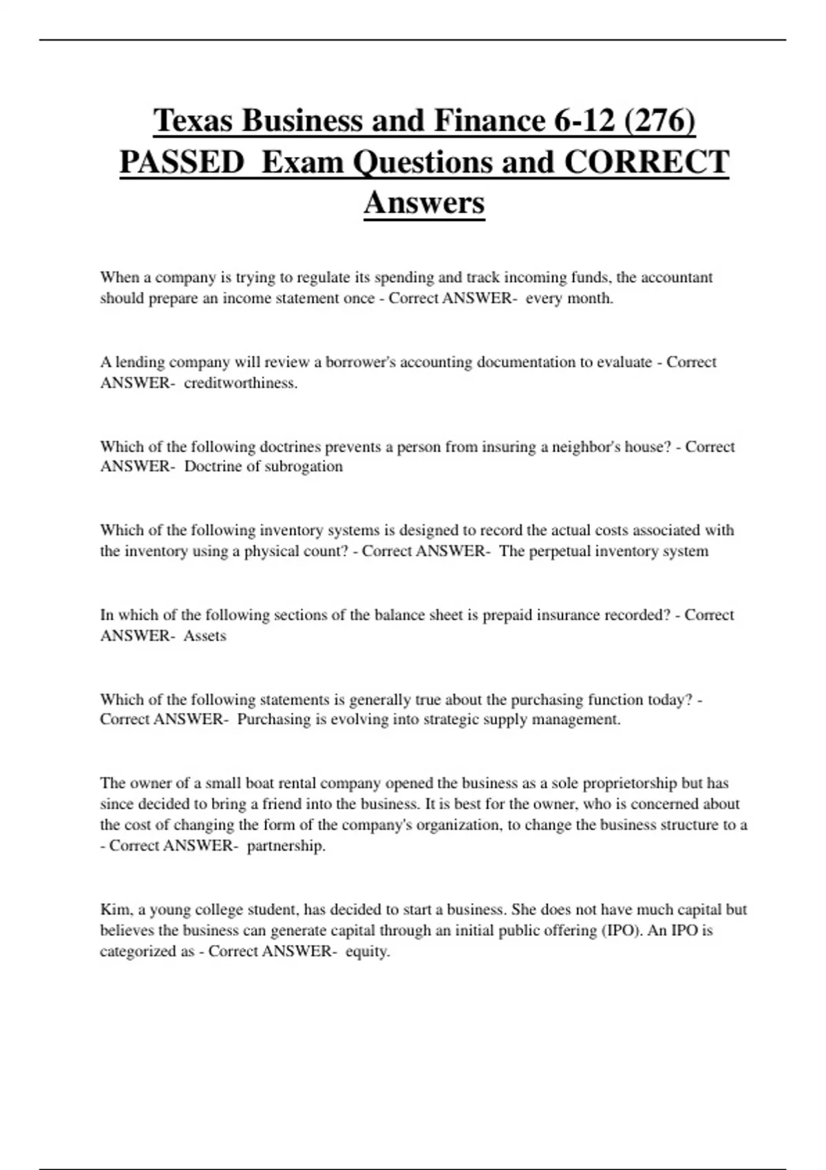 Texas Business and Finance 6-12 (276) PASSED Exam Questions and CORRECT ...