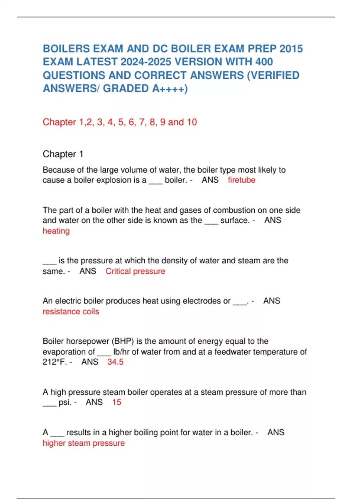BOILERS EXAM AND DC BOILER EXAM PREP 2015 EXAM LATEST VERSION WITH 400 QUESTIONS AND CORRECT