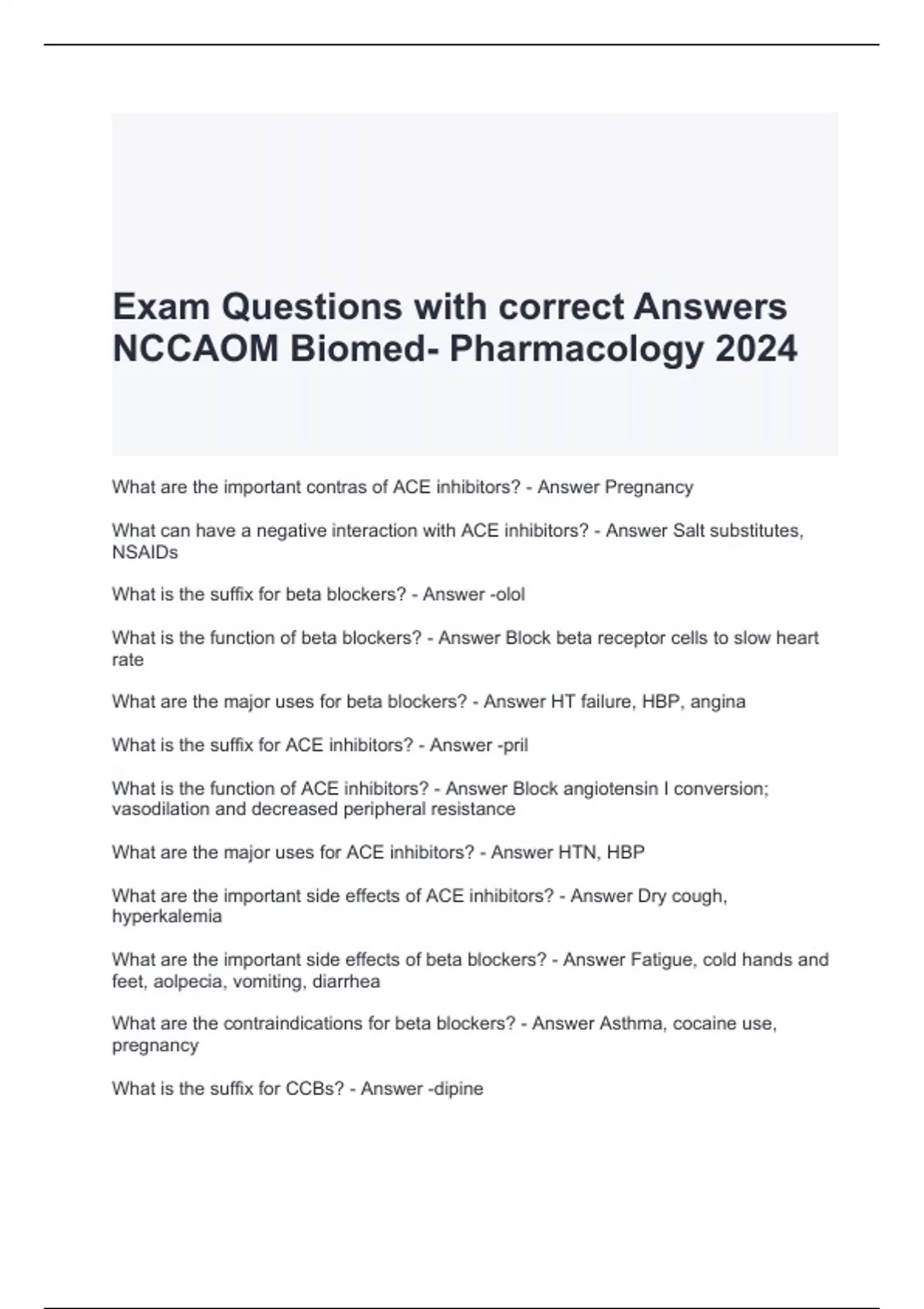 Exam Questions with correct Answers NCCAOM Biomed- Pharmacology 2024 ...