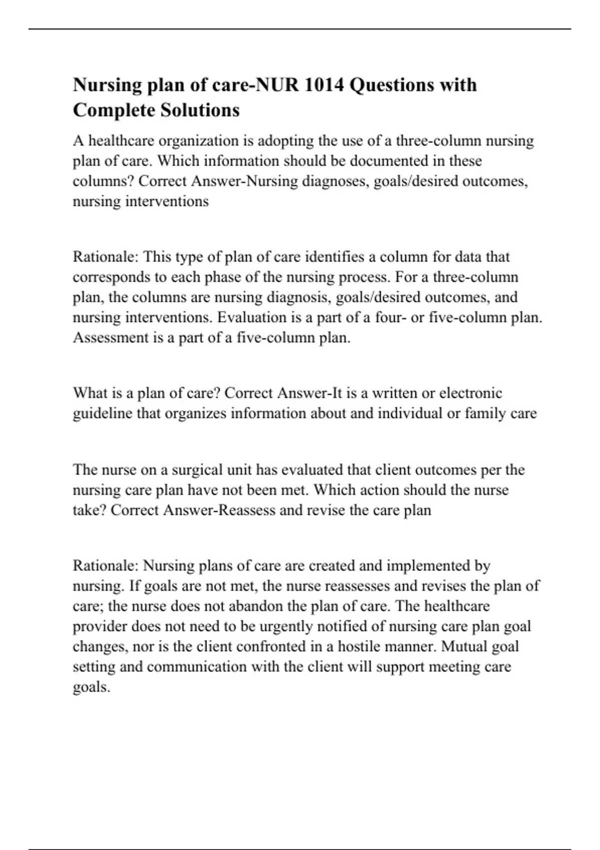 Nursing plan of care-NUR 1014 Questions with Complete Solutions - NUR ...