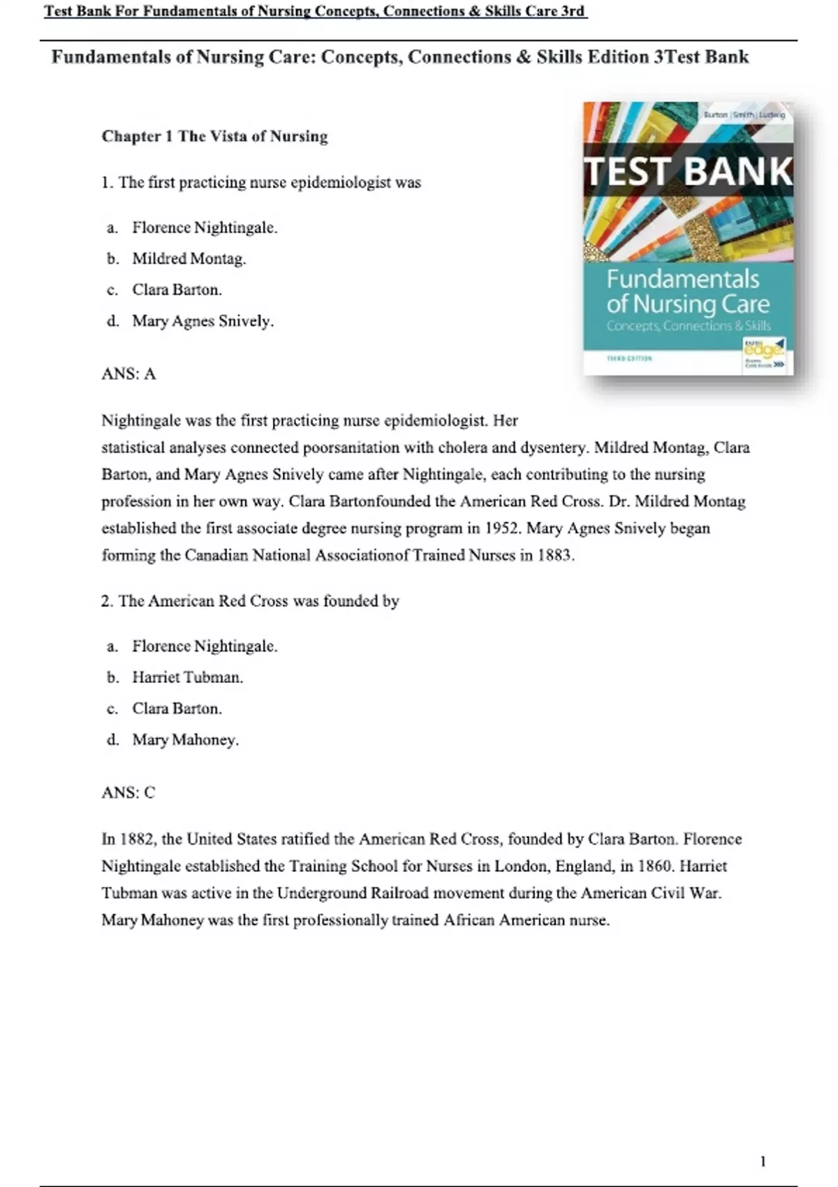 Test Bank For Fundamentals of Nursing Concepts, Connections & Skills