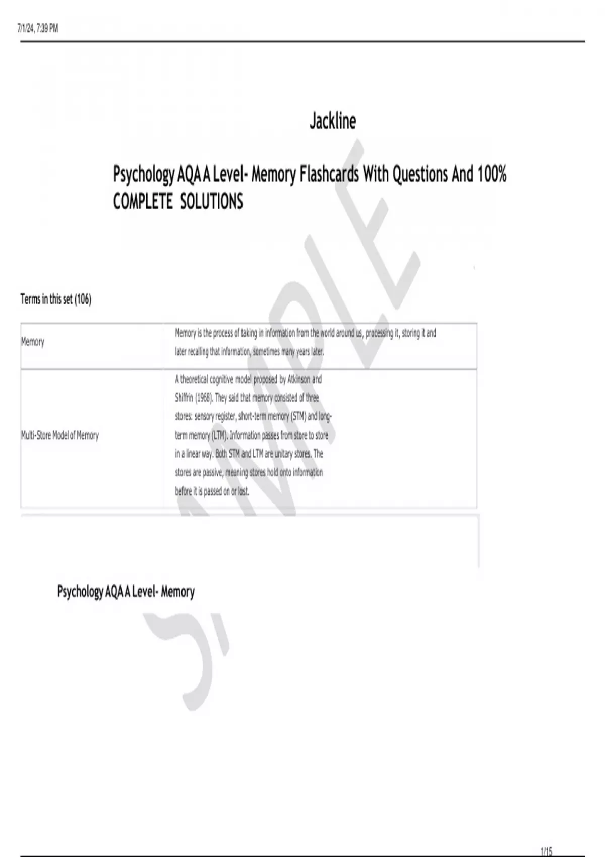 Psychology AQA A Level- Memory Flashcards With Questions And 100% ...
