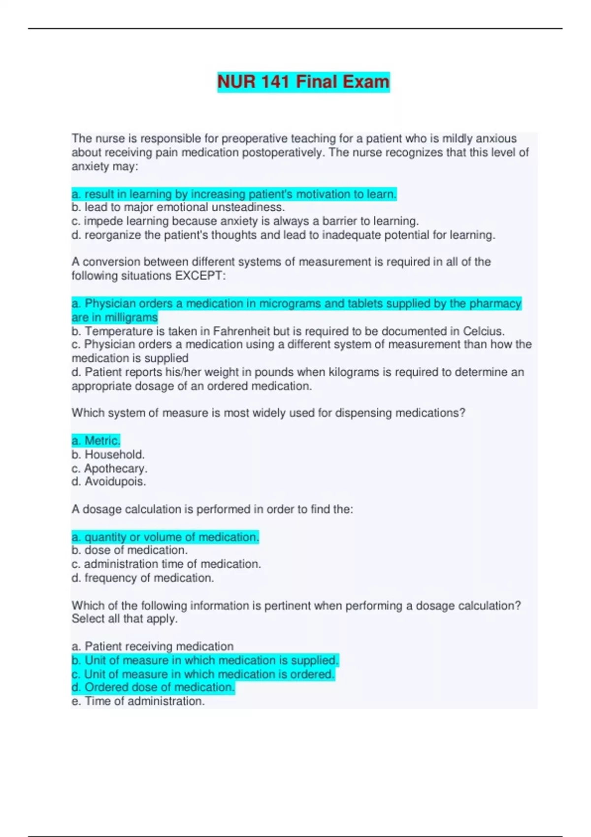 NUR 141 Final Exam - Questions and Answers (Complete Solutions) - NUR ...