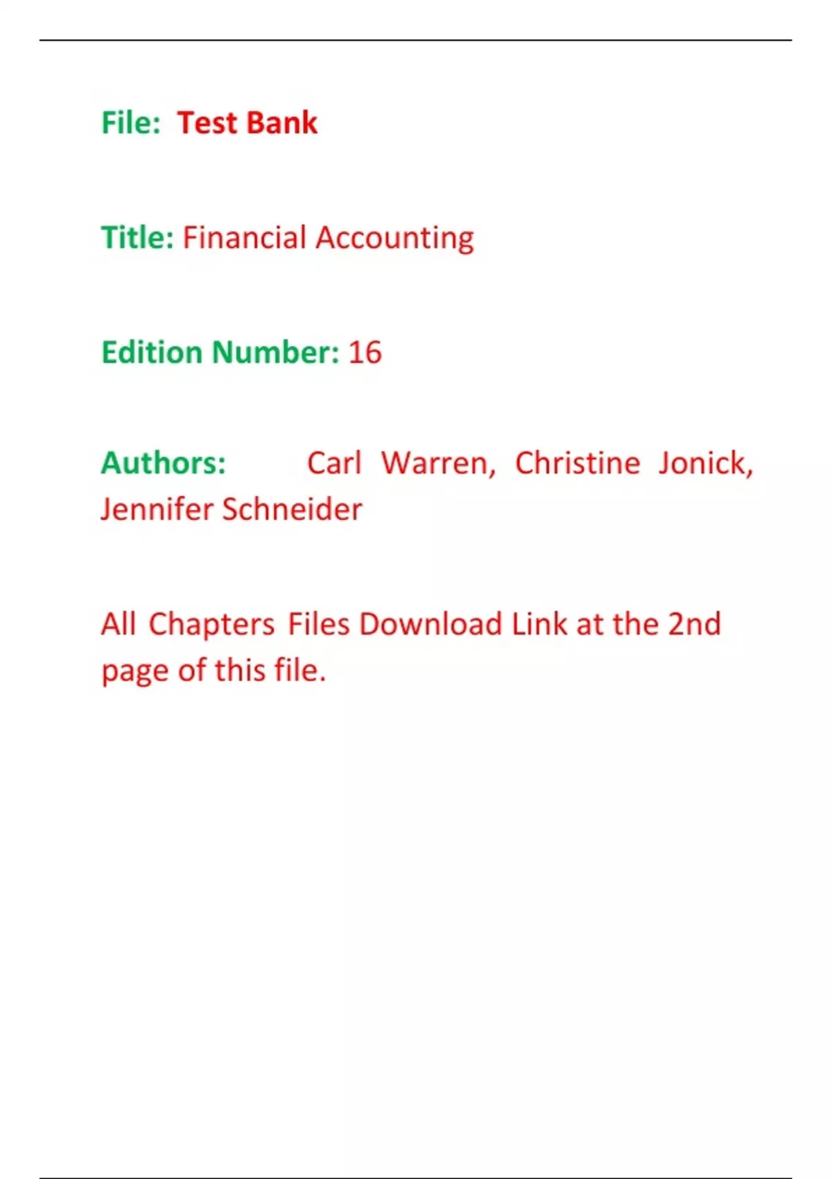Test Bank for Financial Accounting 16th Edition By Carl Warren ...