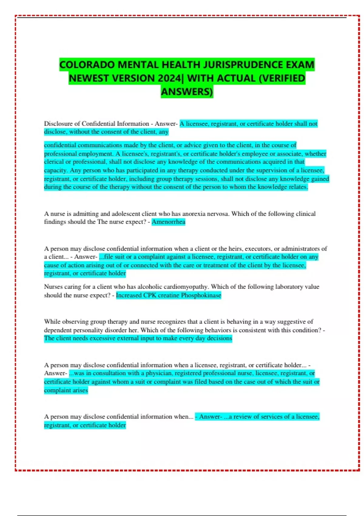 COLORADO MENTAL HEALTH JURISPRUDENCE EXAM NEWEST VERSION 2024 WITH