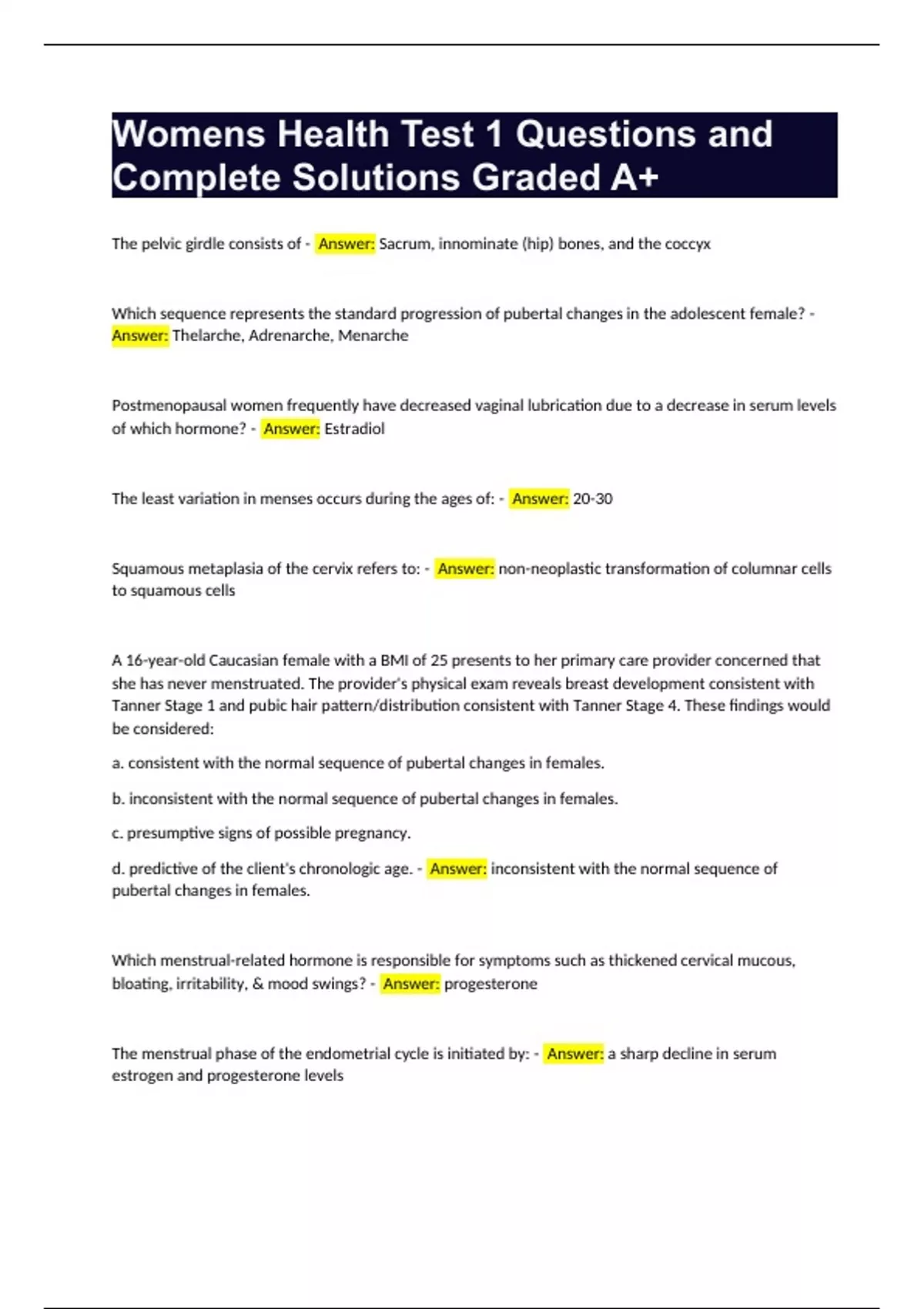 Womens Health Test 1 Questions and Complete Solutions Graded A+ ...