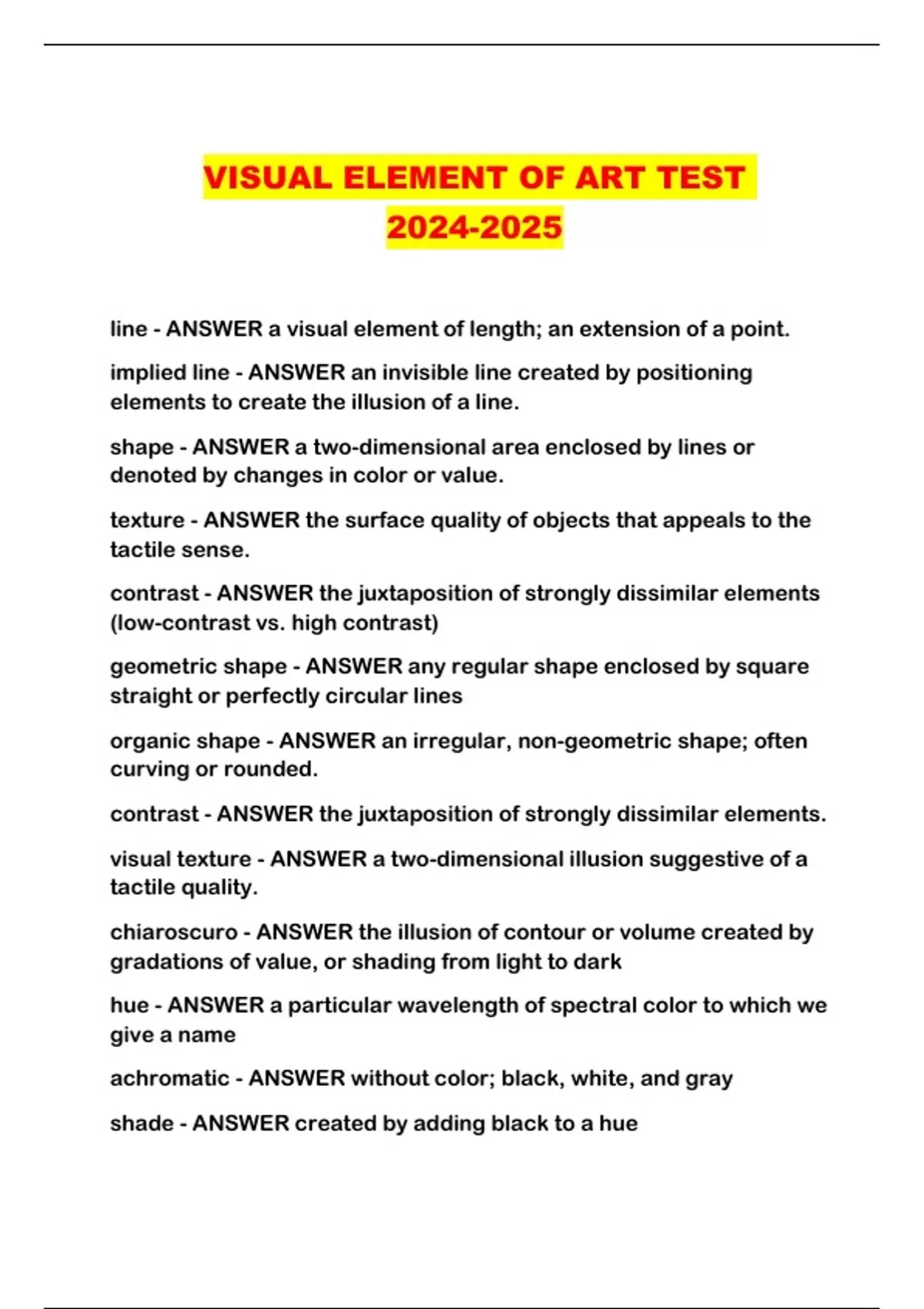 VISUAL ELEMENT OF ART TEST VISUAL ELEMENT OF ART Stuvia US