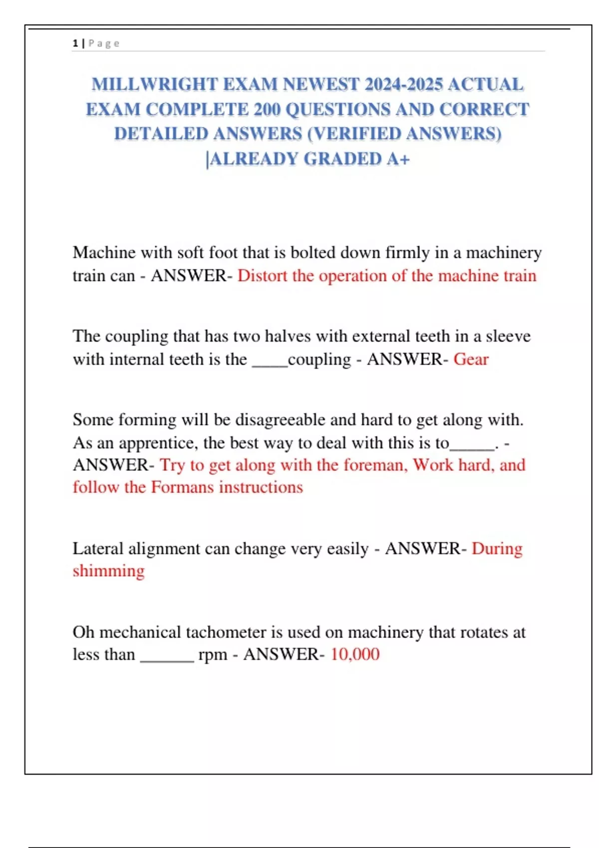 MILLWRIGHT EXAM NEWEST ACTUAL EXAM COMPLETE 200 QUESTIONS AND CORRECT