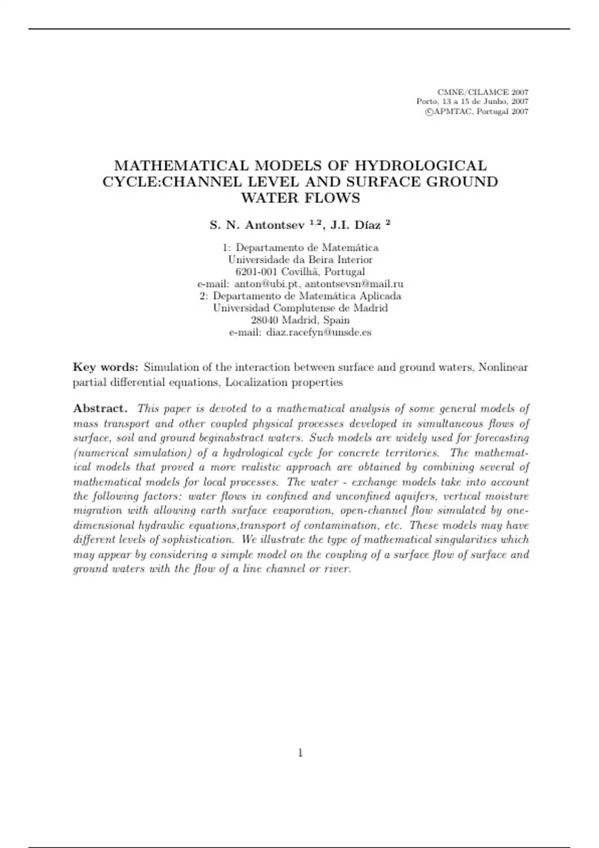 MATHEMATICAL MODELS OF HYDROLOGICAL CYCLE:CHANNEL LEVEL AND SURFACE ...