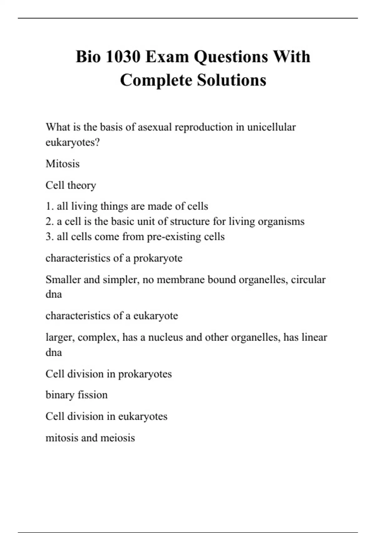 Bio 1030 Exam Questions With Complete Solutions - Bio 1030 - Stuvia US