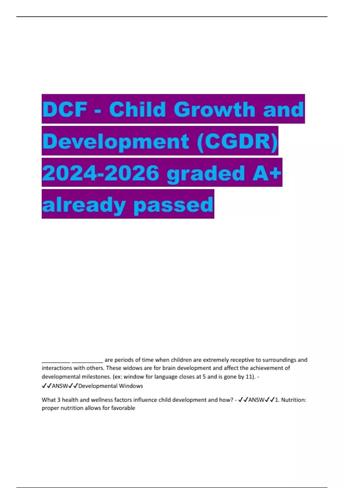 DCF Child Growth and Development (CGDR) graded A+ already passed