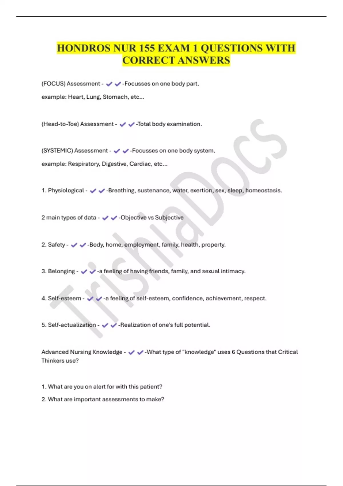 HONDROS NUR 155 EXAM 1 QUESTIONS WITH CORRECT ANSWERS - HONDROS NUR 155 ...