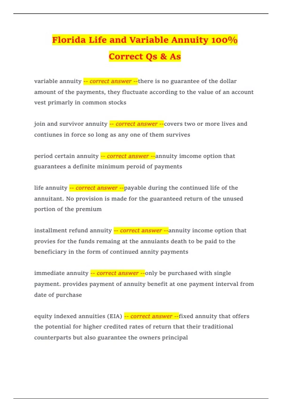 Florida Annuity Example Florida Life and Variable Annuity 100% Correct Qs & As - Florida Life ...