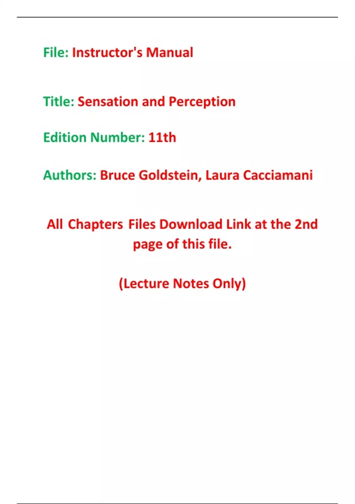 Instructor's Manual (Lecture Notes Only) for Sensation and Perception