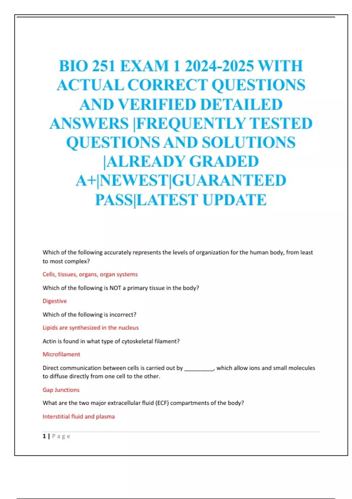 BIO 251 EXAM WITH ACTUAL CORRECT QUESTIONS AND VERIFIED DETAILED ...