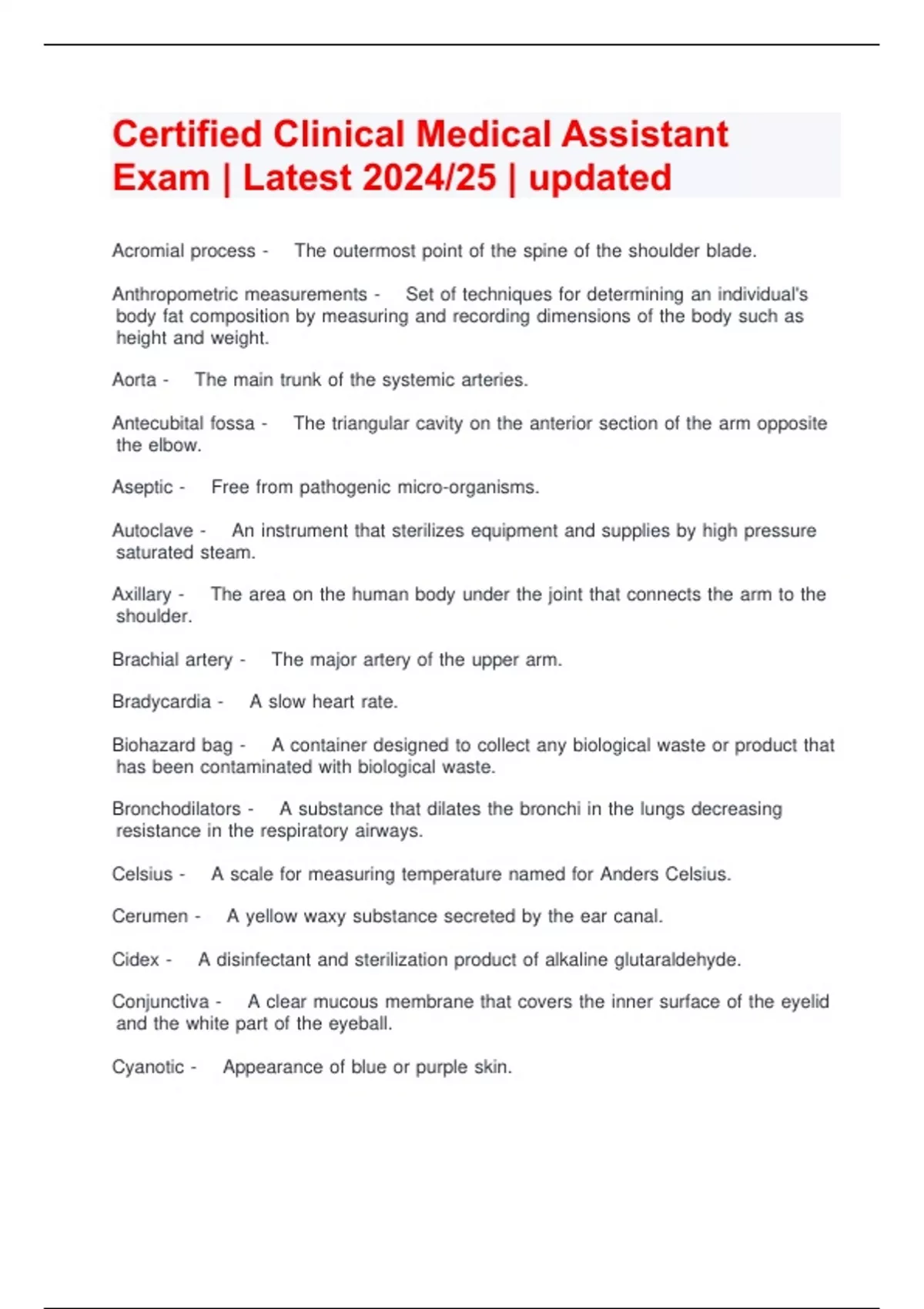 Certified Clinical Medical Assistant Exam | Latest 2024/25 | updated ...