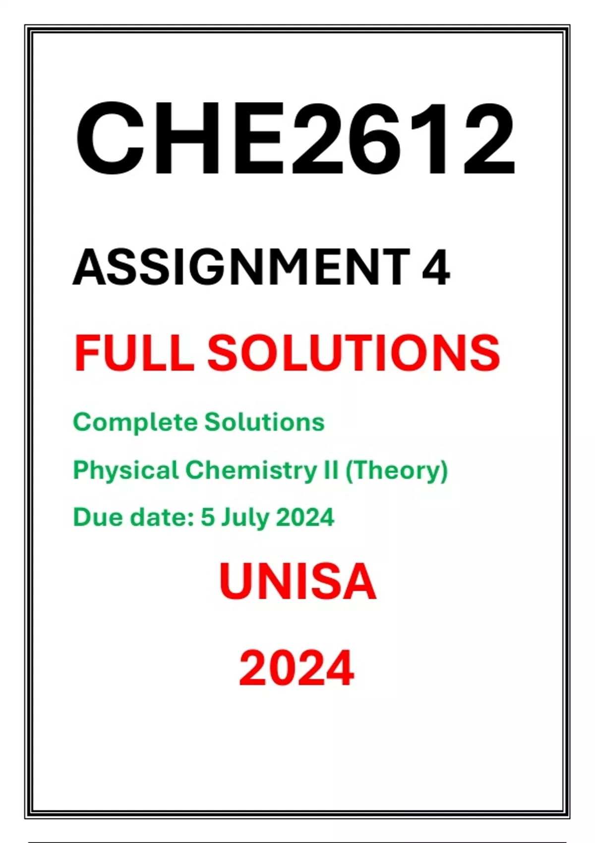 CHE2612 Assignment 4 Complete Solutions UNISA 2024 PHYSICAL CHEMISTRY ...