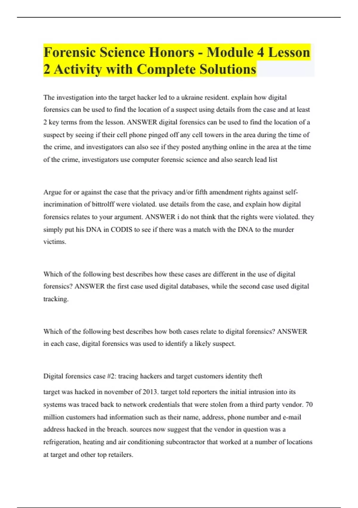 Forensic Science Honors - Module 4 Lesson 2 Activity with Complete ...