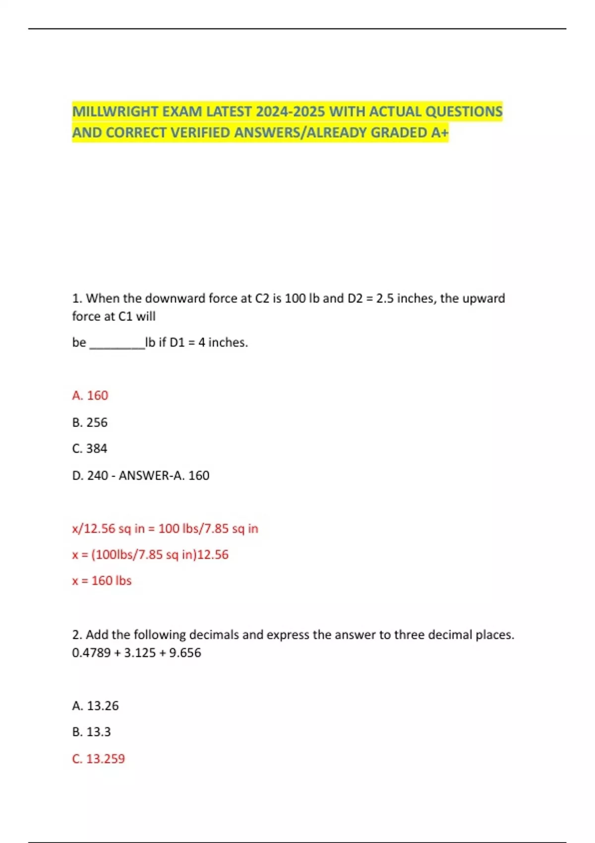 MILLWRIGHT EXAM LATEST WITH ACTUAL QUESTIONS AND CORRECT VERIFIED