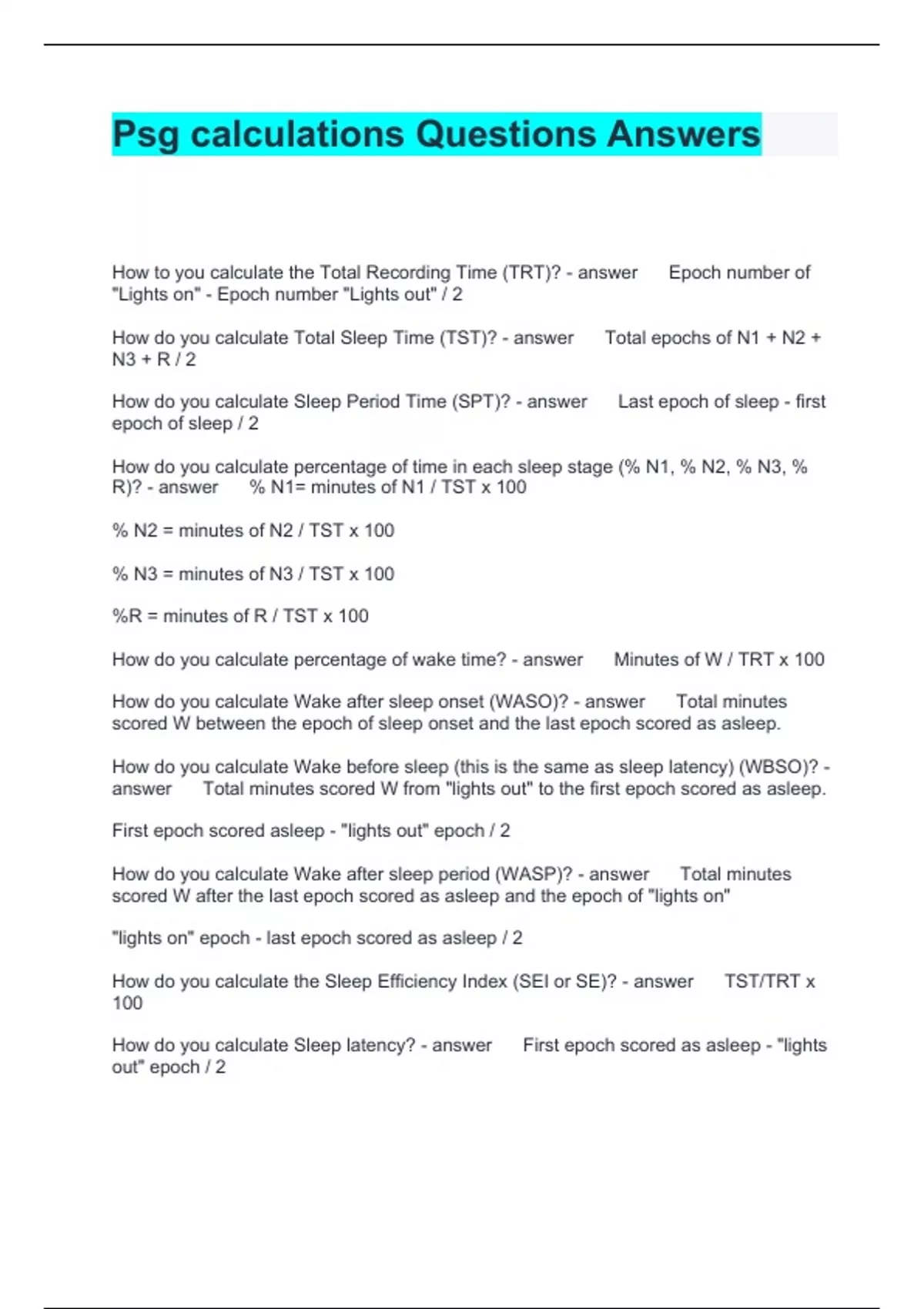 Psg Std Example Psg calculations Questions Answers - PSG - Stuvia US