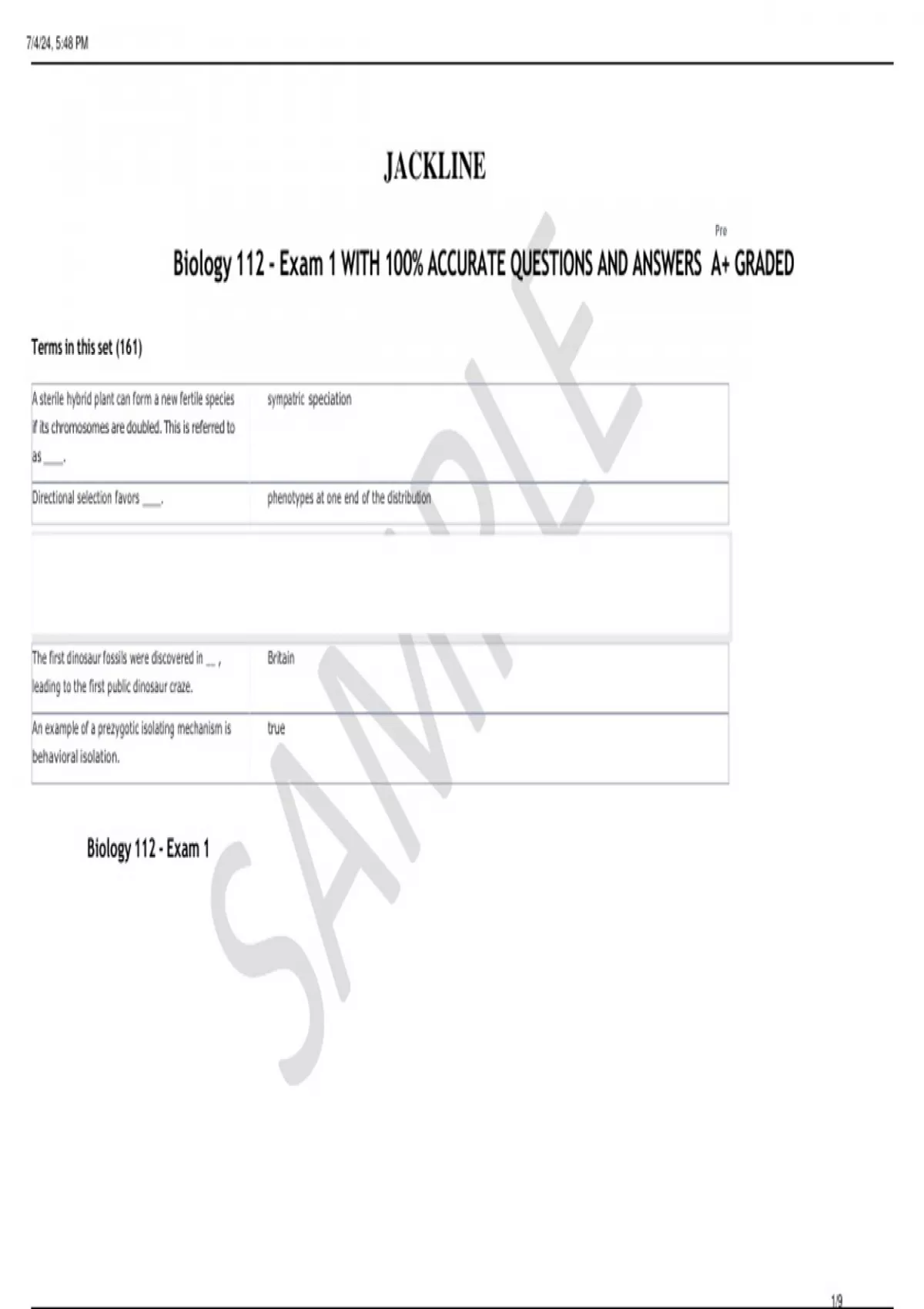 Biology 112 - Exam 1 WITH 100% ACCURATE QUESTIONS AND ANSWERS A+ GRADED ...