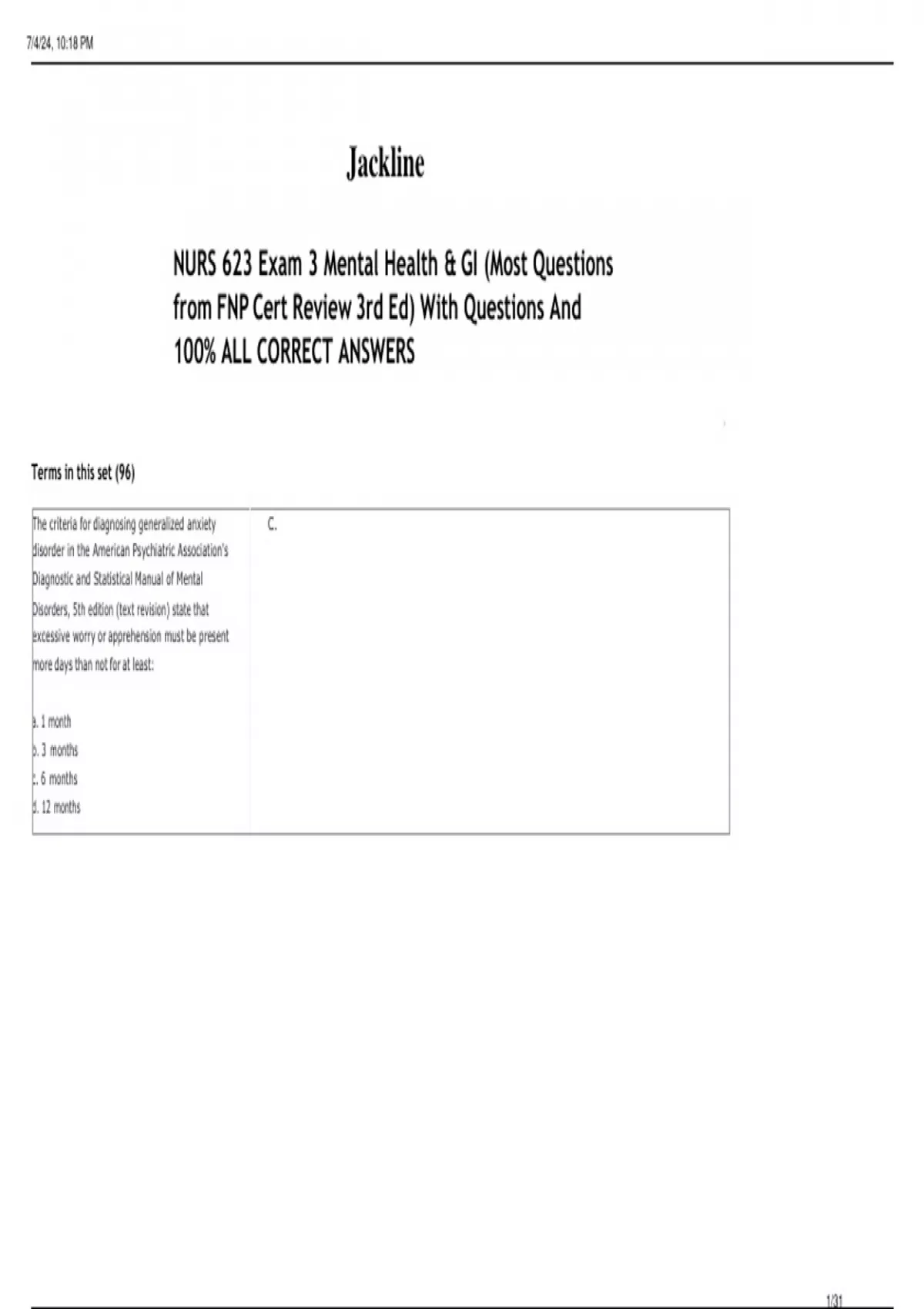NURS 623 Exam 3 Mental Health & GI (Most Questions from FNP Cert Review ...